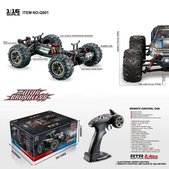 Xinlehong 1:16 Brushless Uzaktan Kumandalı Yüksek Hızlı Rc Araba 52km/s 2.4Ghz 4WD Usb Şarj Mavi - 6