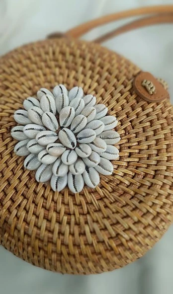 Çanta Deniz Kabuklu Bambu Rattan El Yapımı Deri Askı Kadın Hasır El Çantası Kutu Model - 5