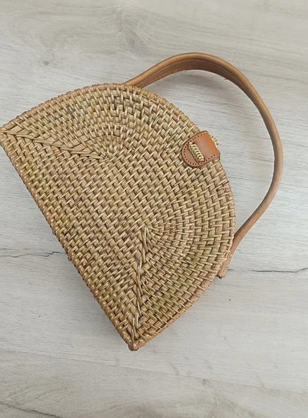 Çanta Bambu Rattan El Yapımı Deri Askı Kadın Hasır Omuz Çantası Kutu Model