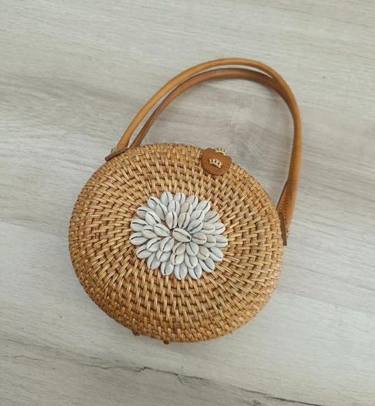 Çanta Deniz Kabuklu Bambu Rattan El Yapımı Deri Askı Kadın Hasır El Çantası Kutu Model