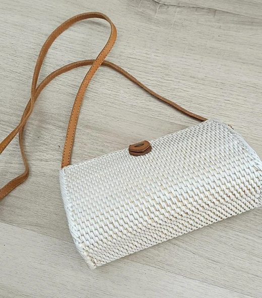 Çanta Bambu Rattan El Yapımı Deri Askı Kadın Hasır Omuz Çantası Beyaz Renk