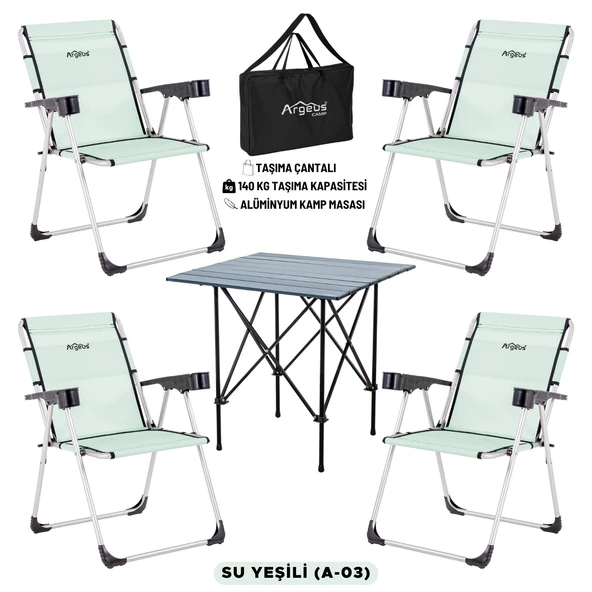 4 Adet Katlanır Kamp Sandalyesi ve Alüminyum Masa Seti - Rock Dark - Su Yeşili - Taşıma Çantalı ürün görseli 1