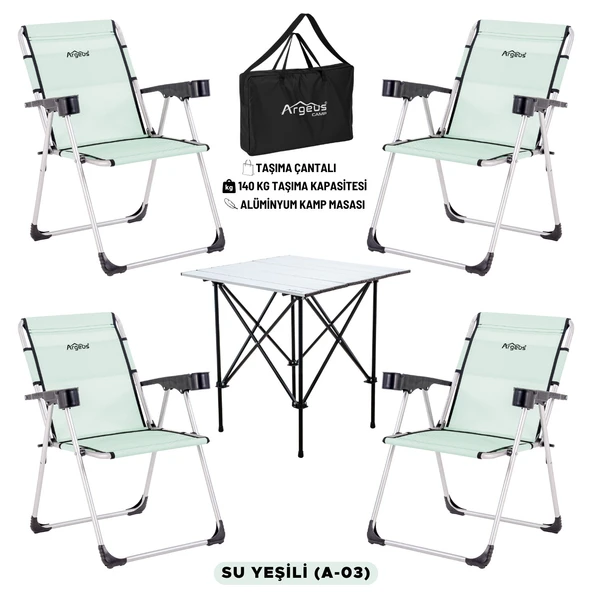 4 Adet Katlanır Kamp Sandalyesi ve Alüminyum Masa Seti - Rock Silver - Su Yeşili - Taşıma Çantalı ürün görseli