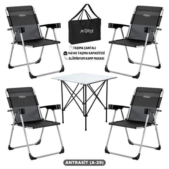 4 Adet Katlanır Kamp Sandalyesi ve Alüminyum Masa Seti - Rock Silver - Antrasit - Taşıma Çantalı ürün görseli