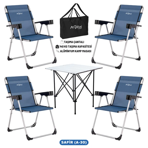 4 Adet Katlanır Kamp Sandalyesi ve Alüminyum Masa Seti - Rock Silver - Safir - Taşıma Çantalı