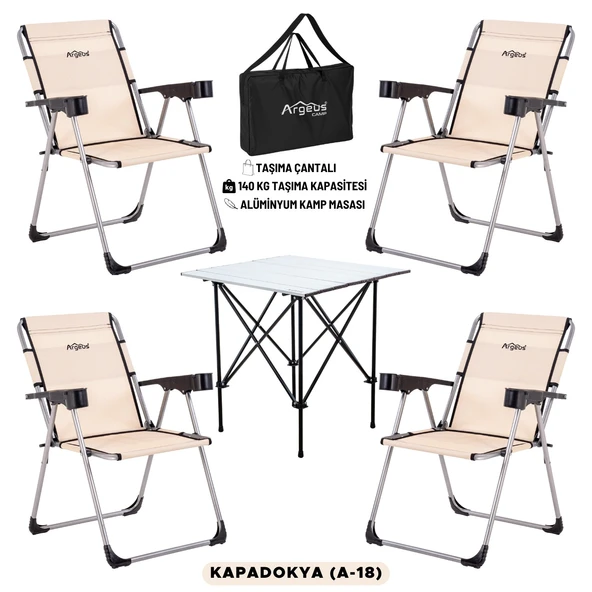 4 Adet Katlanır Kamp Sandalyesi ve Alüminyum Masa Seti - Rock Silver - Kapadokya - Taşıma Çantalı ürün görseli 1