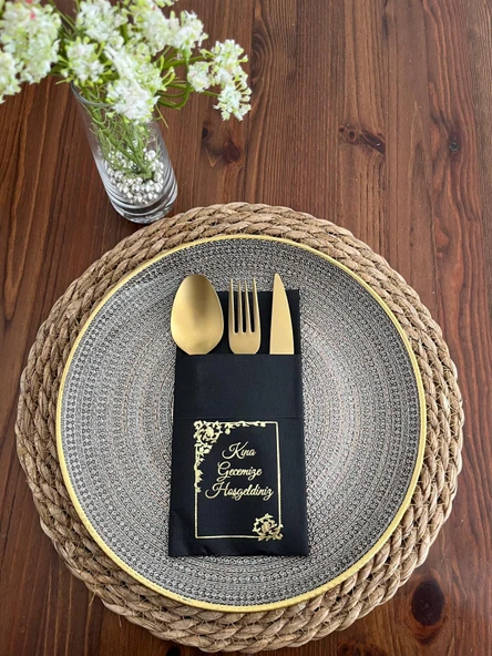 Gold Yaldızlı Siyah Çerçeve Detaylı Kına Gecemize Hoşgeldiniz Cepli Kanguru Peçete 12 Adet ürün görseli