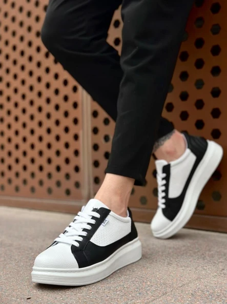 BA0423  Kalın Yüksek Taban Beyaz Siyah Bağcıklı Spor Erkek Ayakkabı ürün görseli