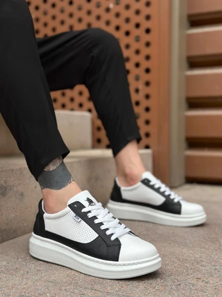 BA0423  Kalın Yüksek Taban Beyaz Siyah Bağcıklı Spor Erkek Ayakkabı - Resim 2