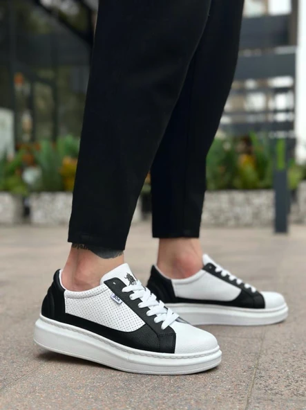 BA0423  Kalın Yüksek Taban Beyaz Siyah Bağcıklı Spor Erkek Ayakkabı - Resim 3