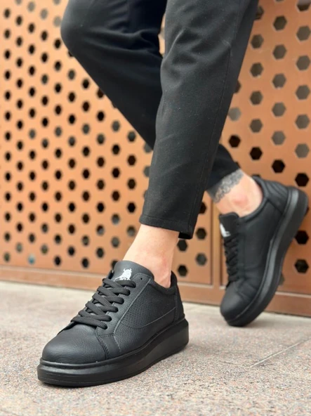 BA0423  Kalın Siyah Yüksek Taban Siyah Bağcıklı Spor Erkek Ayakkabı - Resim 2