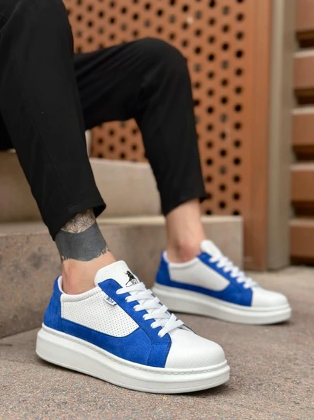 BA0423  Kalın Yüksek Taban Beyaz Mavi Bağcıklı Spor Erkek Ayakkabı ürün görseli