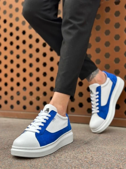 BA0423  Kalın Yüksek Taban Beyaz Mavi Bağcıklı Spor Erkek Ayakkabı - Resim 2