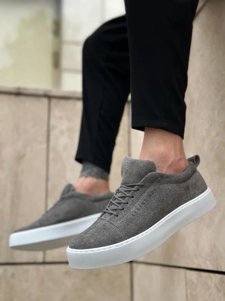 BA0104 Bağcıklı Gri Süet Beyaz Taban Spor Klasik Erkek Ayakkabı - Resim 3