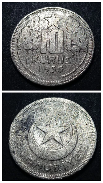 Escoines Koleksiyon 3996368168ec9065fe 10Kuruş 1936 (RR) Temiz/ÇT eski madeni para ürün görseli 1