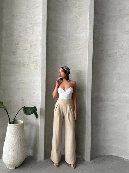 Pileli keten pantolon s255046 - 3