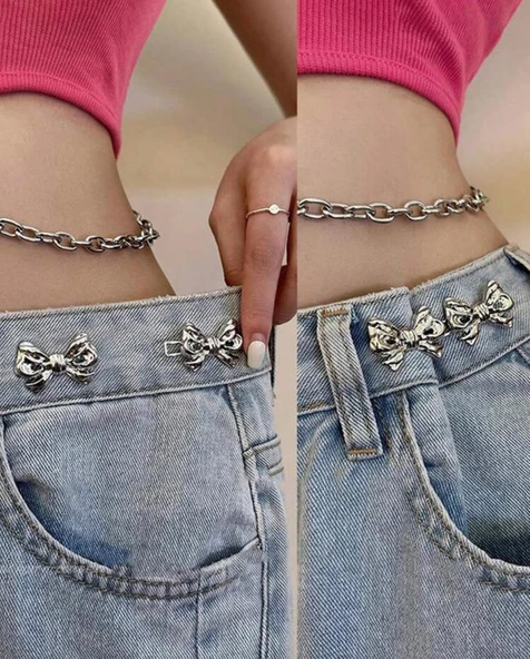 Pantolon Beli Daraltma Aparatı, Broş, Kurdele Kemer, Fiyonk Kemer , Gümüş Renk, Fiyonk Bel Daraltma Çıtçıtı, Dayanıklı Demir Çıtçıt, Kot Pantolon Daraltma Aparatı, Kadın - 2