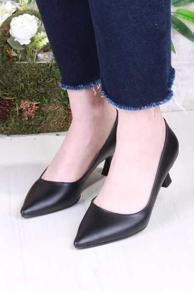Fort 16309 Düz Sade Cilt Rahat Şık Stiletto Alçak Topuklu Kadın Ayakkabı - Resim 2
