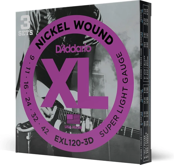 D'Addario EXL120-3D (3 SET) ELEKTRO GİTAR TEL SETİ, XL, 9-42, NICKEL W