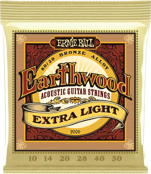 Ernie Ball P02006 Extra Light Earthwood 80/20 Bronz Akustik Gitar Telleri 10-50 Kalınlık