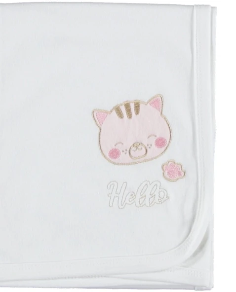 Çift Kat Penye Bebek Battaniyesi  Nakışlı Küçük Kedi Deseni, Unisex Hediyelik Battaniye - 5