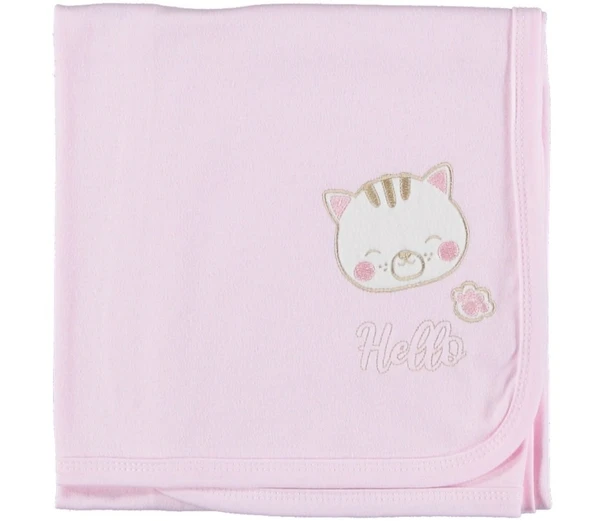 Çift Kat Penye Bebek Battaniyesi  Nakışlı Küçük Kedi Deseni, Unisex Hediyelik Battaniye