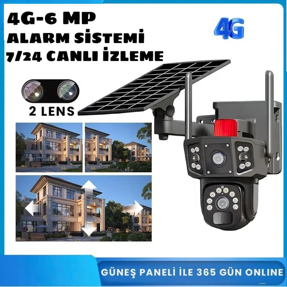 Güneş Panelli Solar 4G 6MP  Dual Lens  Sirenli Güvenlik Kamerası