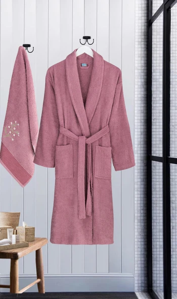 Bornoz - Nakışlı Havlu Seti Cora Mürdüm S/M+45x85cm - Resim 3