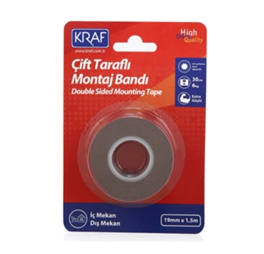 Kraf Çift Taraflı Montaj Bandı 19X1,5M Kırmızı İç mekan - 3 adet