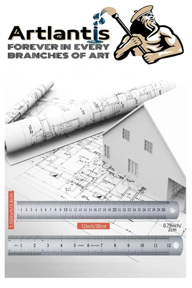 Çelik Cetvel 30 cm İnç Ölçülü 3 Adet Paslanmaz Çelik Metal Çetvel 30 Santimetre Düz Kenar Kolay Çizimler İçin - 4