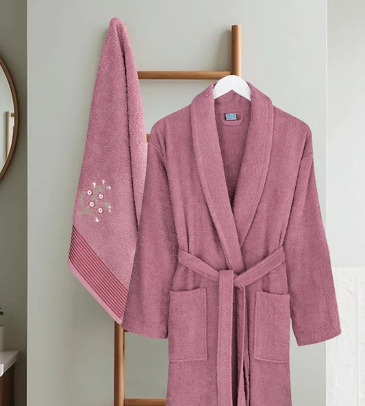 Bornoz - Nakışlı Havlu Seti Cora Mürdüm S/M+45x85cm - Resim 2