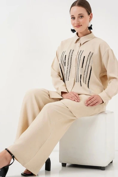 Desenli Tunik Pantolon İkili Takım 6720 - Krem