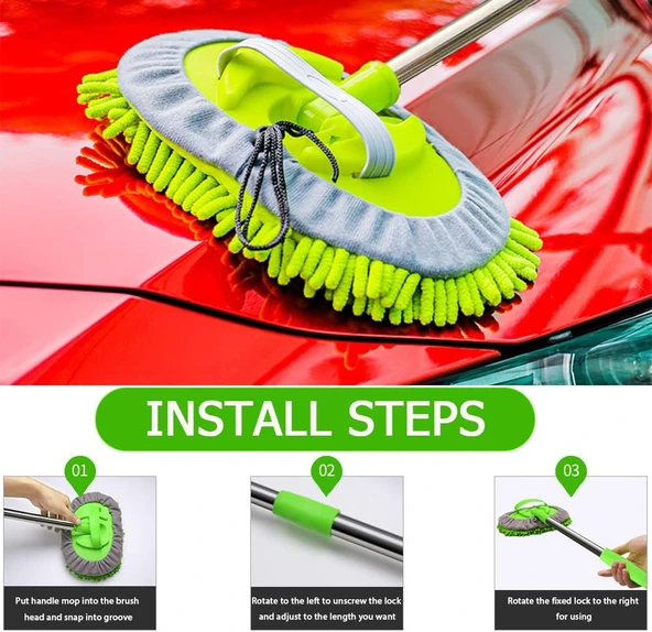 Uzun Saplı 2'si 1 Arada Mikrofiber Araba Yıkama Fırçası Mop Seti + 1 Yedek Başlık Hediye - 5