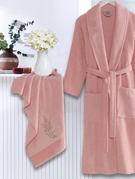 Bornoz - Nakışlı Havlu Seti Cora Pudra S/M+45x85cm - Resim 2