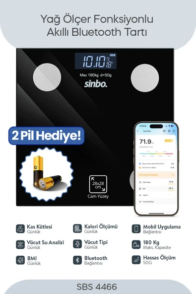 Sinbo Sbs-4466 Bluetooth Dijital Yağ Su Kas Vücut Kitle Endeksi Kilo Ölçer Tartı Baskül Siyah