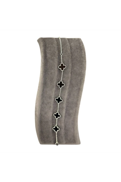 T-BLK-21 GÜMÜŞ RENK İÇİ SİYAH BÜYÜK YONCA BİLEKLİK