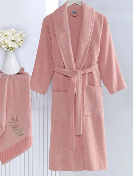 Bornoz - Nakışlı Havlu Seti Cora Pudra S/M+45x85cm - Resim 3