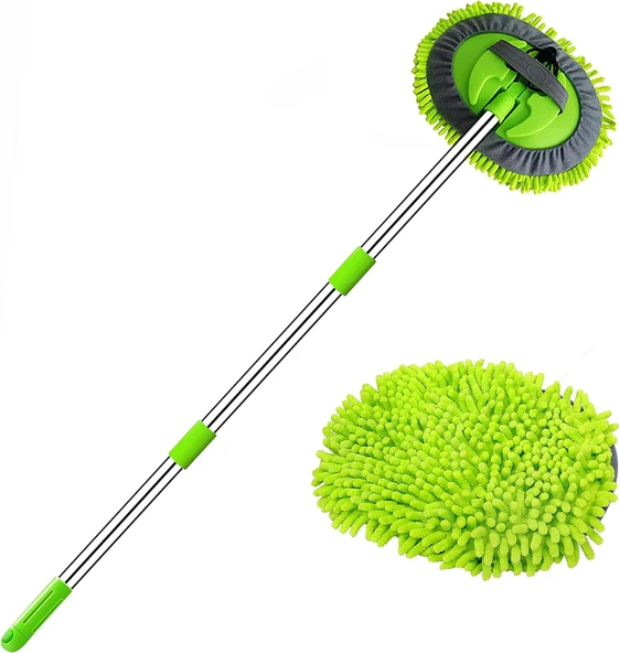 Uzun Saplı 2'si 1 Arada Mikrofiber Araba Yıkama Fırçası Mop Seti + 1 Yedek Başlık Hediye
