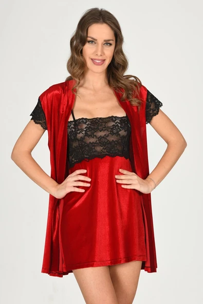 Yeni Sezon Rahat Zarif Kadın Büyüleyici Kırmızı Kadife Dantelli Sabahlık & Gecelik Takım 2'li Set - 2