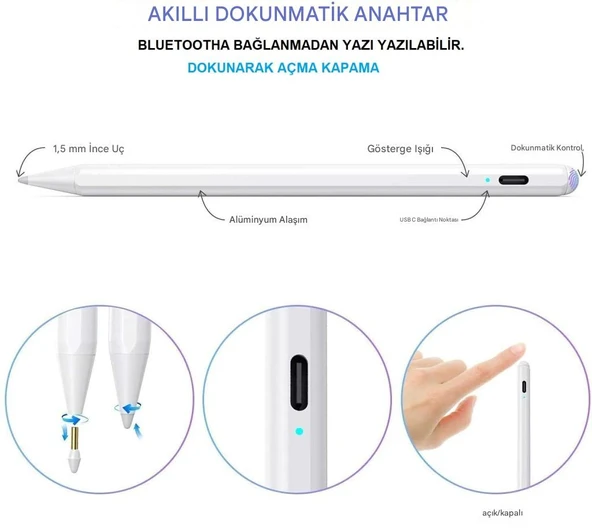 iPad 11/10.Nesil A16 9/8/7 10.2 Air/Pro 4/5/6 11/13inç Uyumlu Avuç Içi Reddi Dokunmatik Çizim Kalemi PEN16 - 4