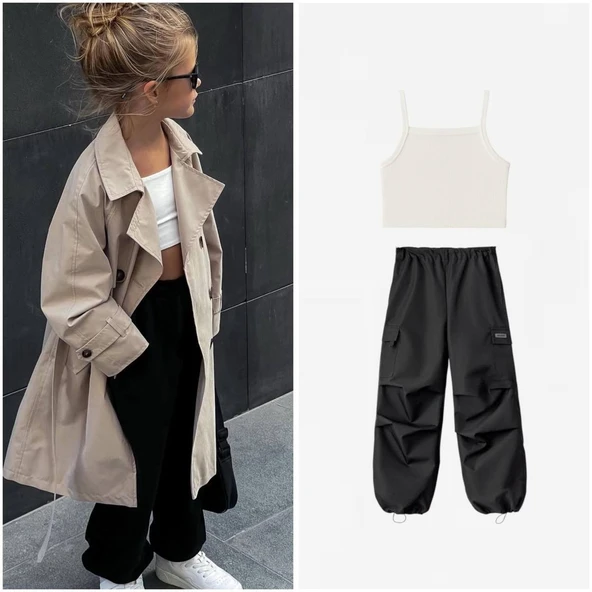 La Ciel Paris Siyah Kargo Pantolon & Beyaz Ribana Crop Takım – İkili Kombin - 8