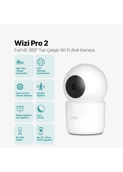 Ttec Wizi Pro 2 Full HD 360° Tak Çalıştır Wi-Fi Akıllı Kamera - Resim 4