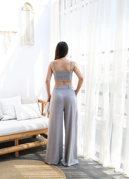 Lucky Life Kadın Keten Gi̇peli̇ Crop Ve Pantolon İki̇li̇ Takim
