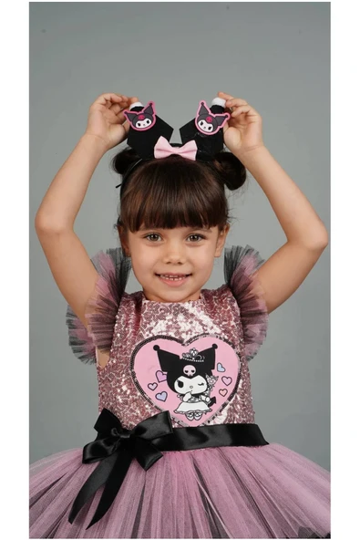 Kuromi Taç Aksesuarlı Pullu Baskılı  Doğum Günü Kız Elbise 3/10 Yaş - 4