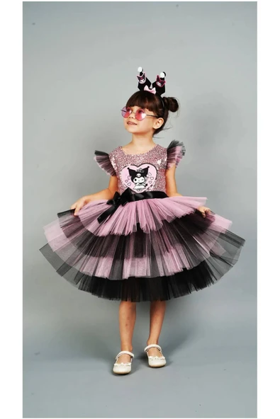 Kuromi Taç Aksesuarlı Pullu Baskılı  Doğum Günü Kız Elbise 3/10 Yaş - 5