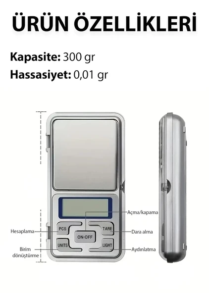 Dijital Hassas Kuyumcu Terazisi 0.01gr-300gr Taşınabilir Mavi Işıklı Cep Elektronik Tartı - 7