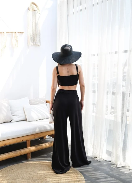 Lucky Life Kadın Keten Gi̇peli̇ Crop Ve Pantolon İki̇li̇ Takim