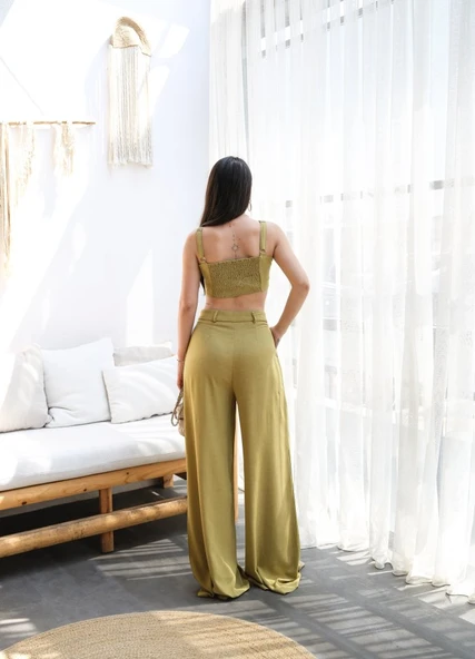 Lucky Life Kadın Keten Gi̇peli̇ Crop Ve Pantolon İki̇li̇ Takim