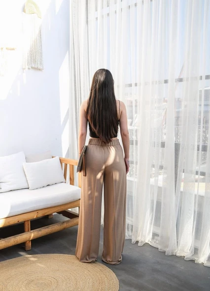 Lucky Life Kadın Keten Önü Çapraz Parçali Lasti̇kli̇ Ve Bağcikli Geni̇ş Paça Pantolon