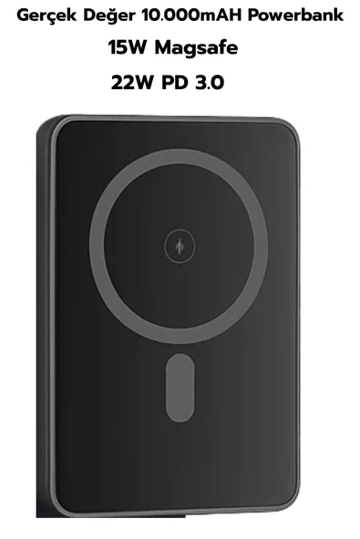 10.000mAh PD 22W Magsafe 15W Kablosuz Type-C Siyah Taşınabilir Pil Şarj Cihazı Powerbank Hp-237